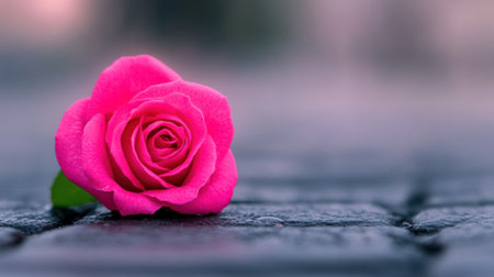 A single pink rose sitting on a stone surface with blurred background, AIの素材
