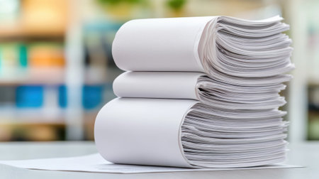 A stack of papers on top of a table in front of books, AIの素材