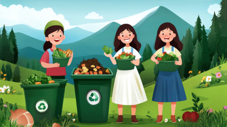 Three girls are standing in a field with trash bins with recycling signs, AIの素材