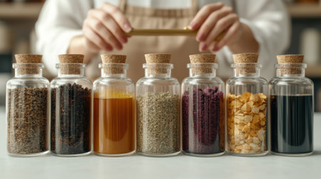 A person holding a wooden spoon in front of several bottles, AIの素材