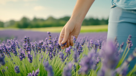 A person touching a purple flower in the middle of field, AIの素材