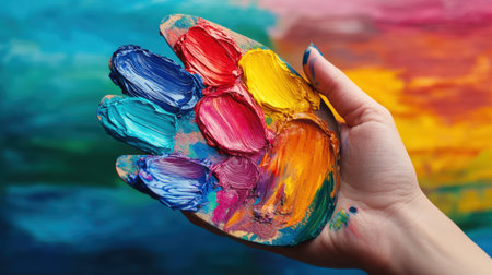 A person holding a paint palette with colorful paints on it, AIの素材