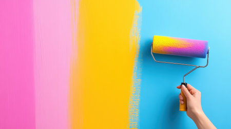 A person painting a wall with paint roller on blue and yellow, AIの素材