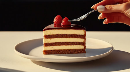 A person holding a fork over piece of cake with raspberries on top, AIの素材
