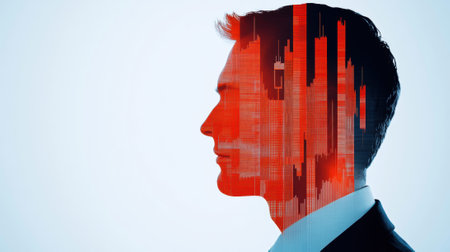 A man with a red and blue face in the shape of buildings, AIの素材