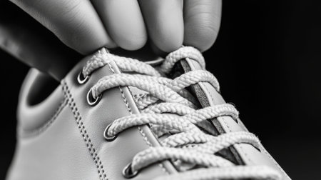 A person tying a shoe lace with their fingers, AIの素材