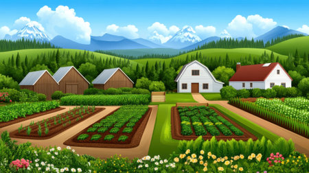 A beautiful countryside scene with a garden and houses, AIの素材