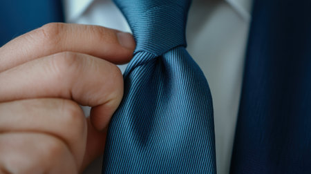 A man adjusting his tie in a suit and blue shirt, AIの素材
