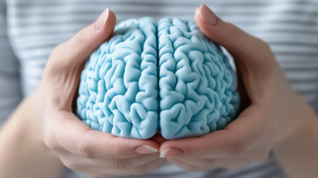 A person holding a blue brain model in their hands, AIの素材