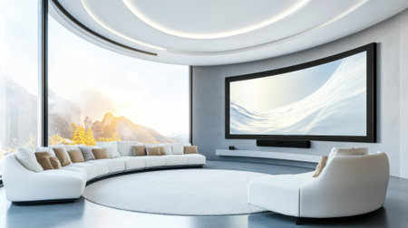 A large curved couch in a modern living room with an enormous flat screen tv, AIの素材