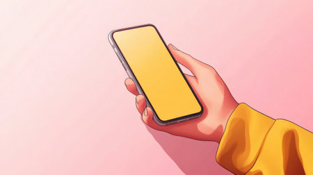 A hand holding a yellow smartphone with an empty screen, AIの素材