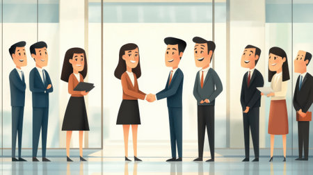 A group of people standing in a room shaking hands, AIの素材