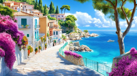 A painting of a beautiful view with purple flowers and blue water, AIの素材