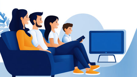 A family sitting on a couch watching tv together, AIの素材