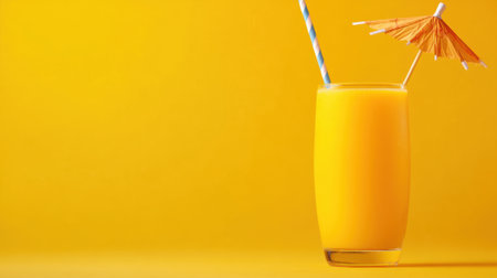 A glass of a drink with an umbrella in it on yellow, AIの素材