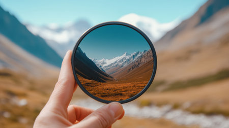 A person holding a mirror in front of mountains and trees, AIの素材