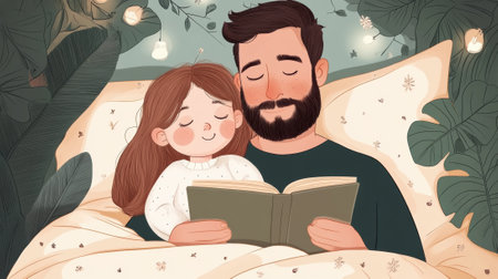 A man and a girl are reading in bed, AIの素材