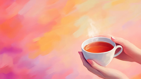 A person holding a cup of tea on an abstract background, AIの素材
