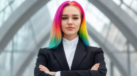 A woman with rainbow hair in a suit standing next to an arch, AIの素材