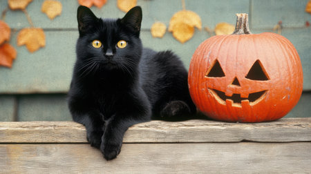 A black cat sitting next to a carved pumpkin on the ground, AIの素材