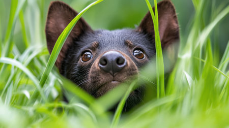A small black dog peeking out from behind some tall grass, AIの素材