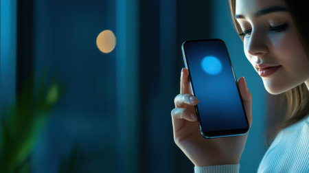 A woman holding a smart phone in her hand and looking at it, AIの素材