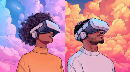 Two people wearing virtual reality headsets in front of a colorful sky, AIの素材