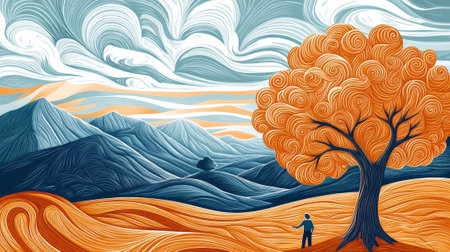 A painting of a man standing under an orange tree in the mountains, AIの素材