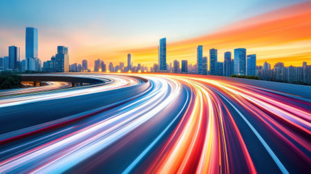 A city skyline with a long exposure of cars on the road, AIの素材