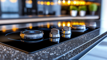 A close up of a black gas stove top with four knobs, AIの素材