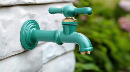 A green faucet on a white wall with gold handles, AIの素材