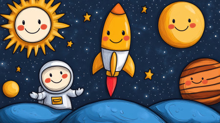 A cartoon space scene with a smiling sun, planets and an astronaut, AIの素材
