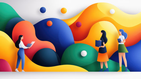 Three people standing in front of a colorful background with mountains, AIの素材