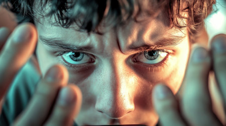 A man with hands covering his face looking at the camera, AIの素材