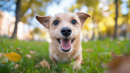 A dog is smiling and looking at the camera in a park, AIの素材