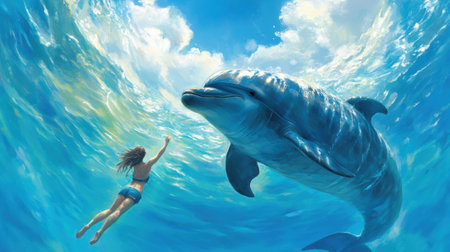 A woman swimming with a dolphin in the ocean, AIの素材