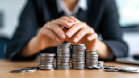 A woman is sitting at a desk with stacks of coins, AIの素材