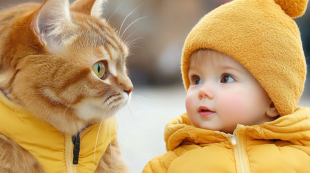 A cat and a baby looking at each other with the cats eyes, AIの素材