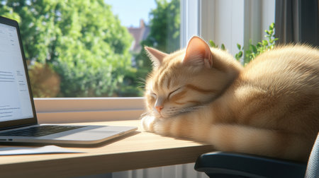 A cat sleeping on a desk next to an open laptop, AIの素材