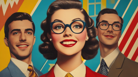 A woman with glasses and a red tie is next to three men, AIの素材