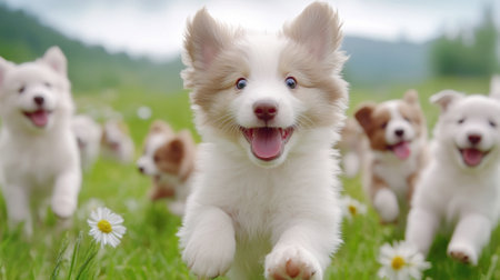 A group of puppies running through a field with daisies in the background, AIの素材