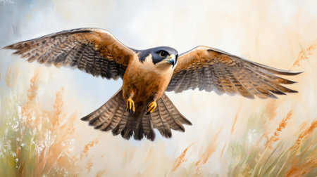 A painting of a bird flying over some tall grass, AIの素材