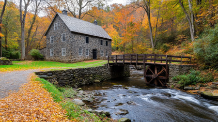 A stone house with a bridge over the river in autumn, AIの素材