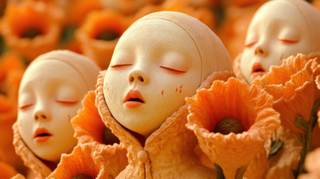 A bunch of dolls with their eyes closed are sitting in a field, AIの素材