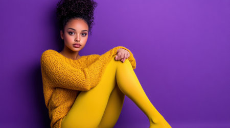 A woman in a yellow sweater and tights sitting on the floor, AIの素材