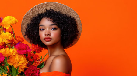 A woman in a hat holding flowers against an orange background, AIの素材