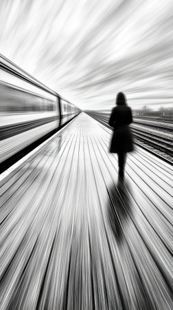 A woman walking on a train platform with the speed of a speeding train, AIの素材