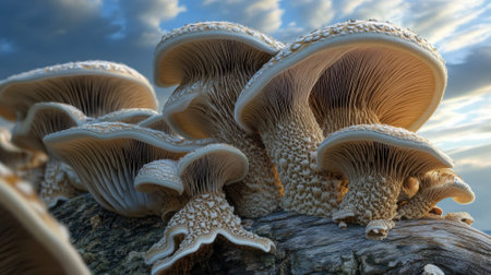 A group of mushrooms growing on a tree trunk against the sky, AIの素材