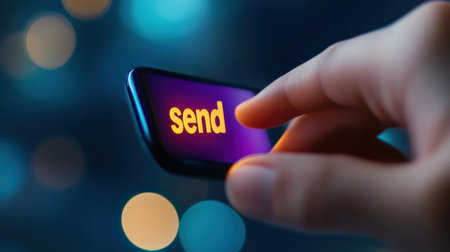 A person holding a cell phone with the word send on it, AIの素材