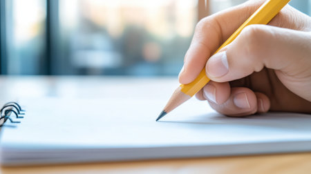 A person writing on a piece of paper with a pencil, AIの素材